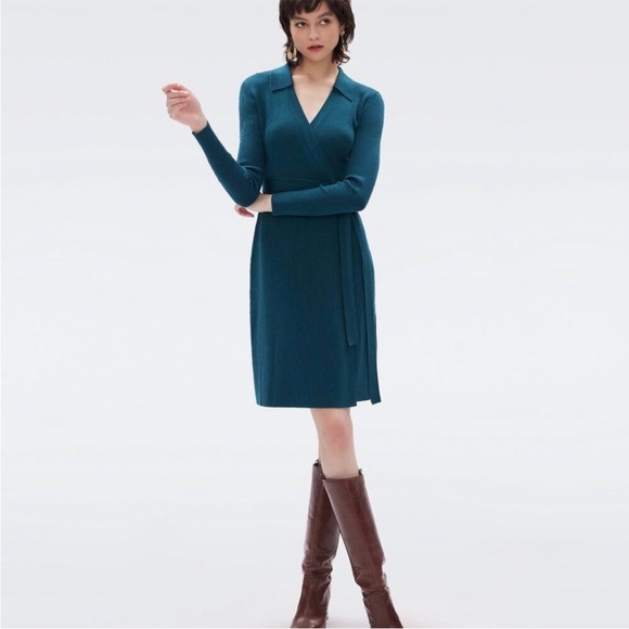 Diane Von Furstenberg Mida Wrap Dress Wool Blend Emerald Green M NEW with Tags